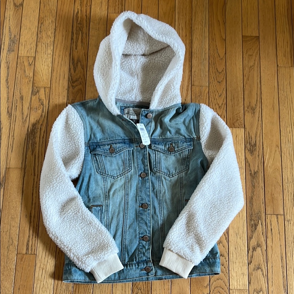 Blue and White Jean Jacket with Sweatshirt Sleeves